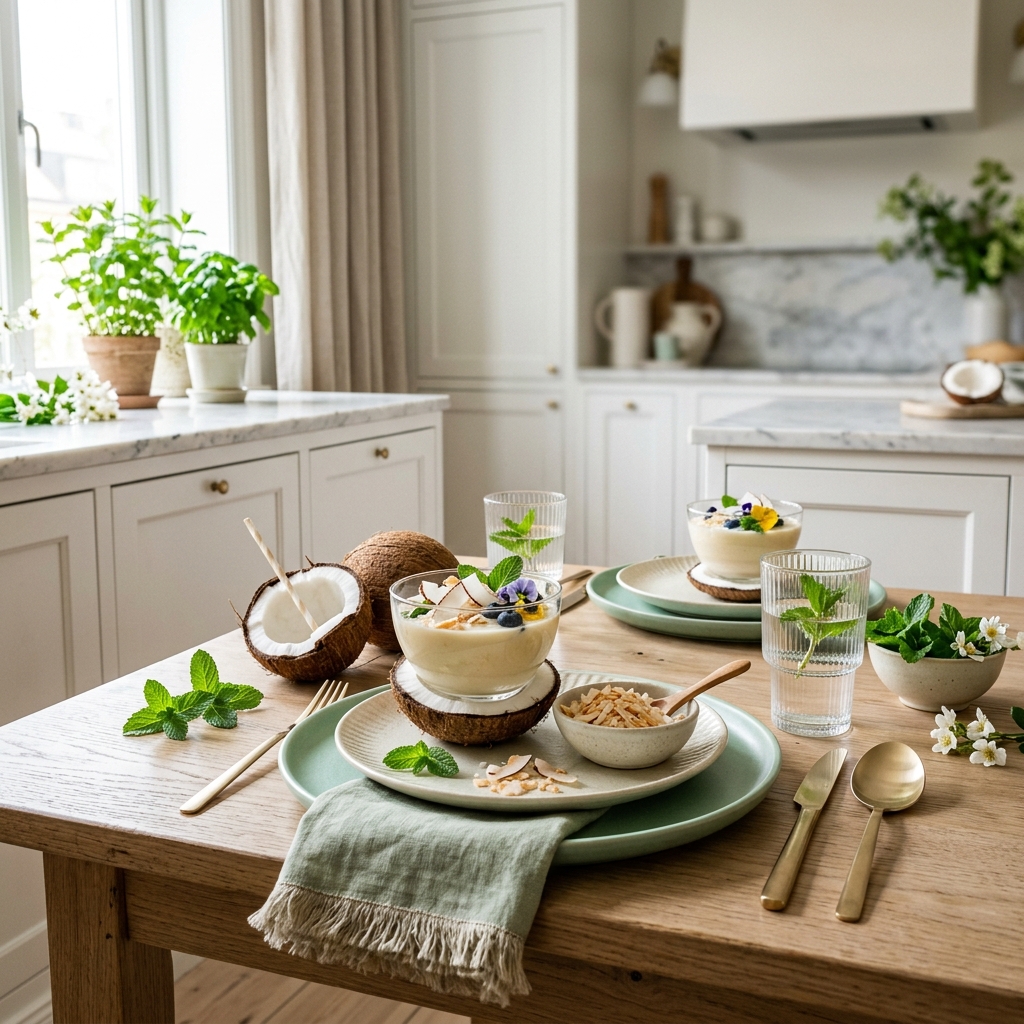 Inspiração de sobremesas com coco servidas à mesa